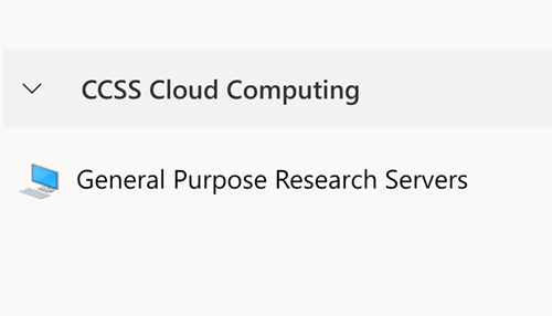 Image of "CCSS Cloud Computing" dropdown, with computer icon underneath, with words "Research Servers"