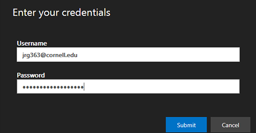 Screenshot of black background with prompt: "Enter your credentials" with white fields for adding username and password.