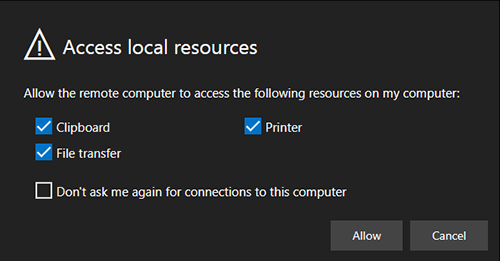 Screenshot of black background for "Access local resources" with the following resources checked off: Clipboard, File Transfer, and Printer; followed by an "Allow" and "Cancel" buttons