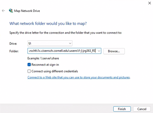 Screenshot of "Network Folder" dropdown in "Map Network Drive" with "U" selected