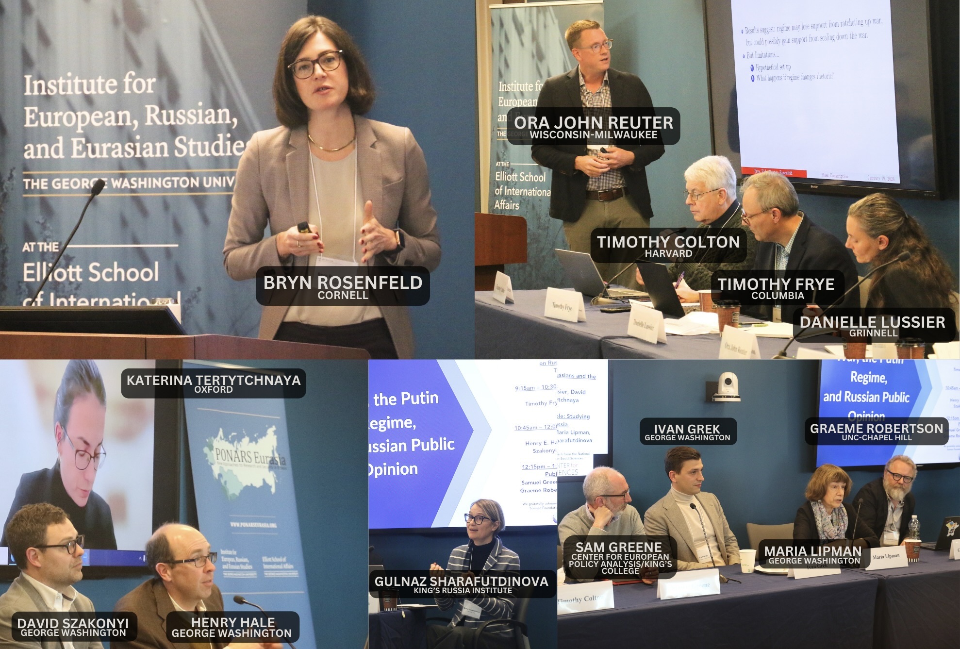 Photo collage of the Washington D.C. convention. Pictured: Ora John Reuter, Bryn Rosenfeld, Timothy Colton, Timothy Frye, Danielle Lussier, Ivan Grek, Sam Greene, Maria Lipman, Gaeme Robertson, Gulnaz Sharafutdinova, Henry Hale, Katerina Tertytchnaya, and David Szakonyi.