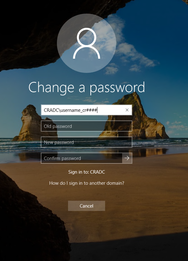 screenshot of changing a password in CRADC