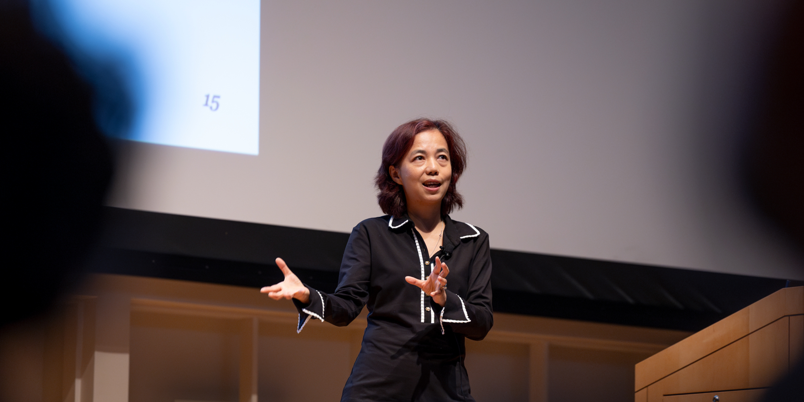Image of Dr. Fei-Fei Li presenting at CCSS Annual Lecture in Statler Auditorium