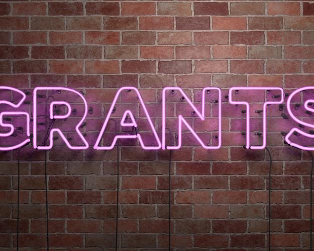 pink fluorescent neon tube sign on brick wall reading “Grants”