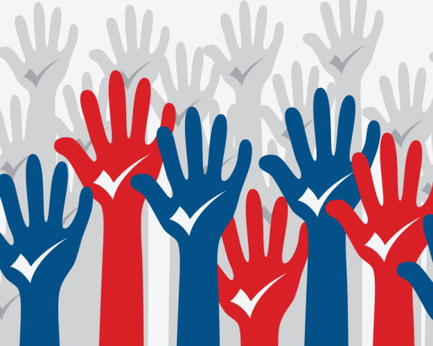 Image of red, gray, and blue raised hands with check marks in the palms