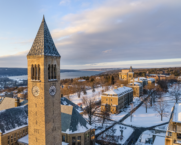 Aerial image of Cornell University's campus in winter