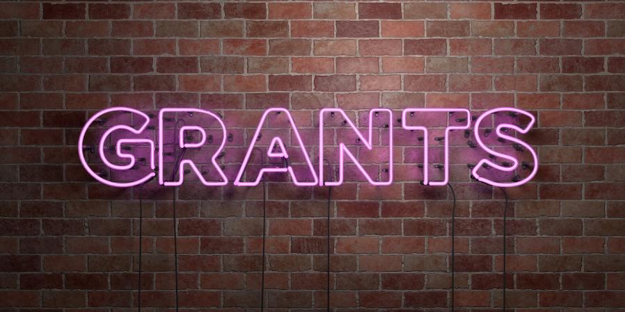 pink fluorescent neon tube sign on brick wall reading “Grants”