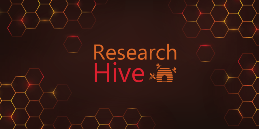 Photo of honeycomb pattern with words "Research Hive"
